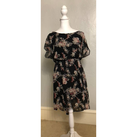 Black, Sage Green and Pink Floral Chiffon Asymmetrical Dress - Picture 2 of 5